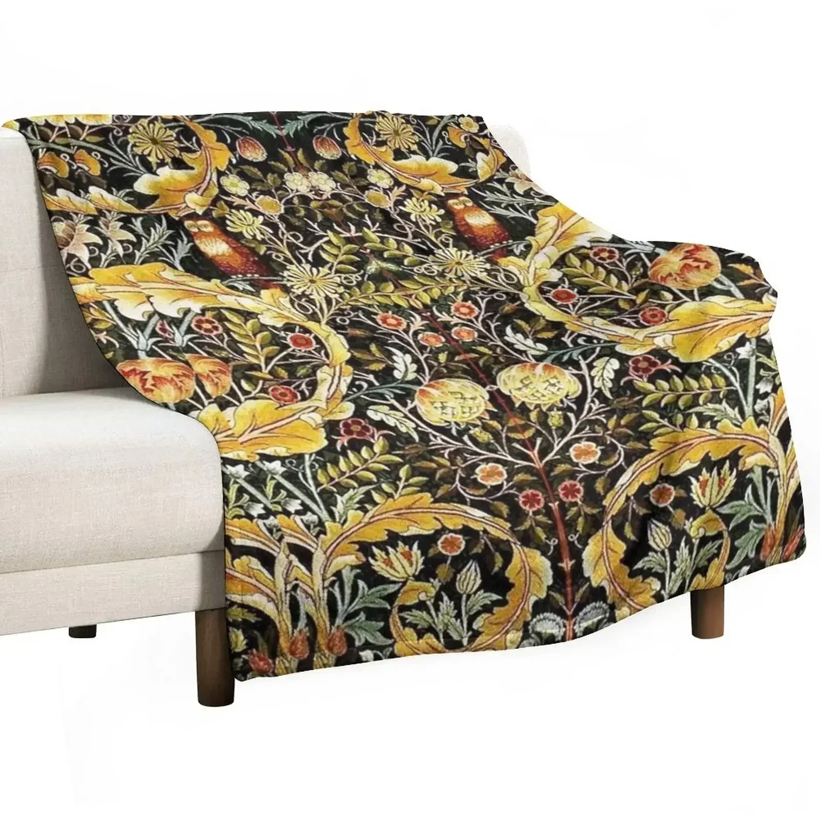 OWL ON ACANTHUS LEAVES AND FLOWERS Yellow Brown Floral Throw Blanket Versatile Cozy Throw Blanket for All Occasions