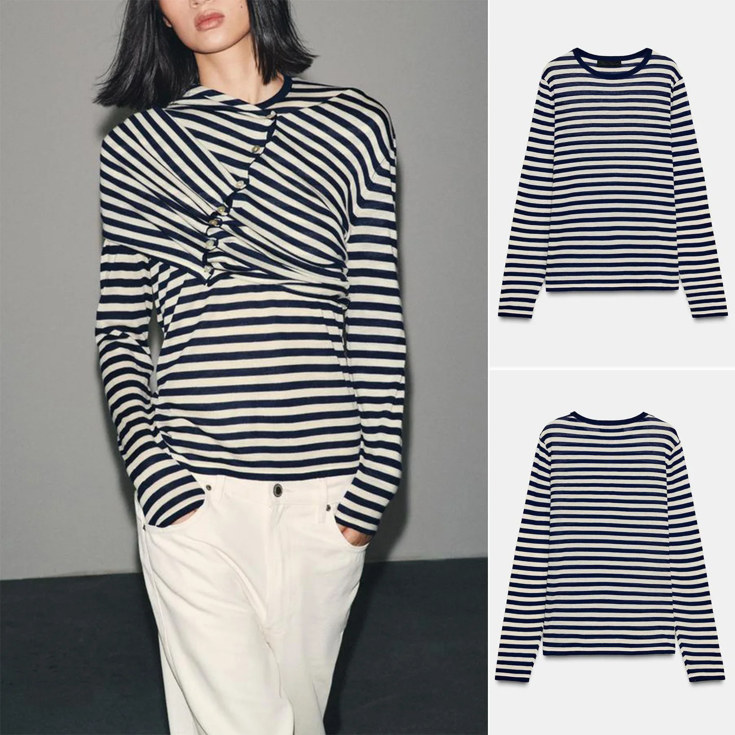 

Модный темно-синий полосатый трикотаж с круглым вырезом, длинный свободный крой, базовый стиль, женский, премиум-качество, полиэстер, осенний...