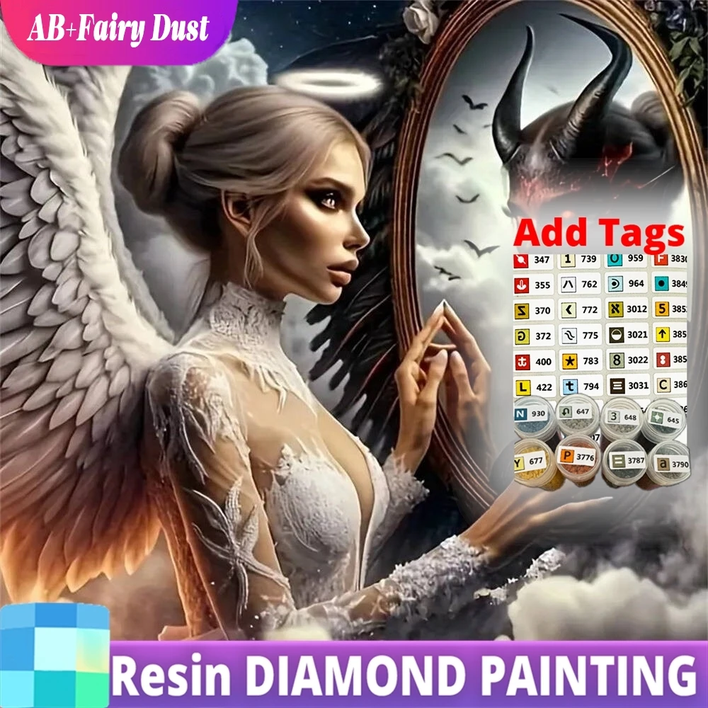 

Смола AB Фея Пыль Алмазная Вышивка Ангелы и Демоны Мозаика Женский Портрет DIY Картина Стразы Картина Ручная Работа Hobb