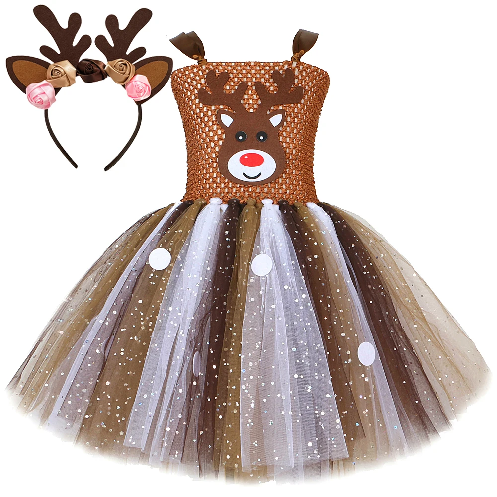 Funkelnde braune Weihnachts-Hirsch-Kostüme für Mädchen, Pailletten, Weihnachts-Elch-Tutu-Kleid für Kinder, Rentier-Outfits, Urlaubskleidung mit Haarschleife
