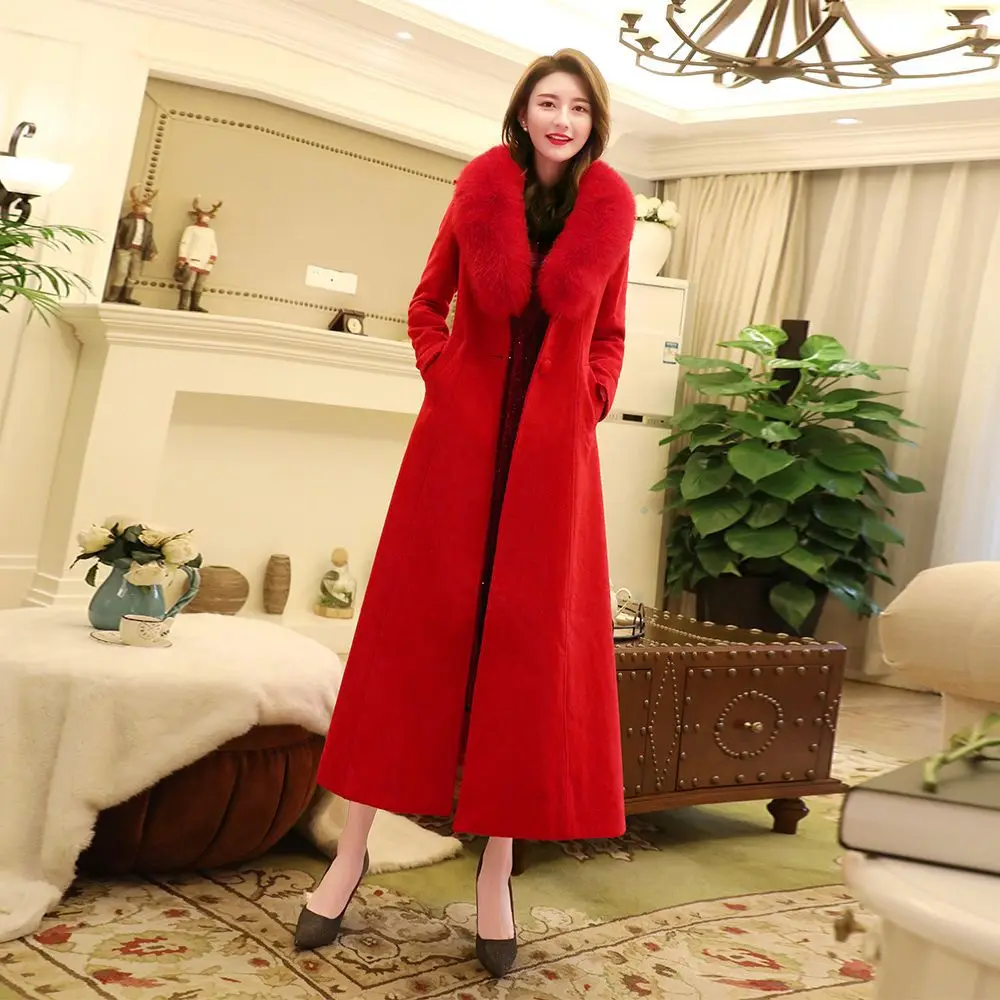 Fox hair collar wool coat long 2024 autumn and winter high-grade waist thin double-sided cashmere coat female