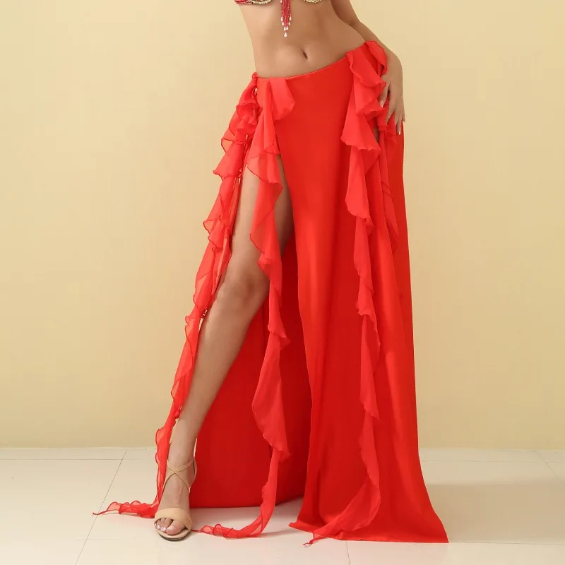 ชุดฝึกเต้นระบำหน้าท้องแบบกำหนดเอง กระโปรงครึ่งตัว ทรงสองชั้น สำหรับผู้เริ่มต้น กระโปรงบานใหญ่ เซ็กซี่และสง่างาม กระโปรงยาว