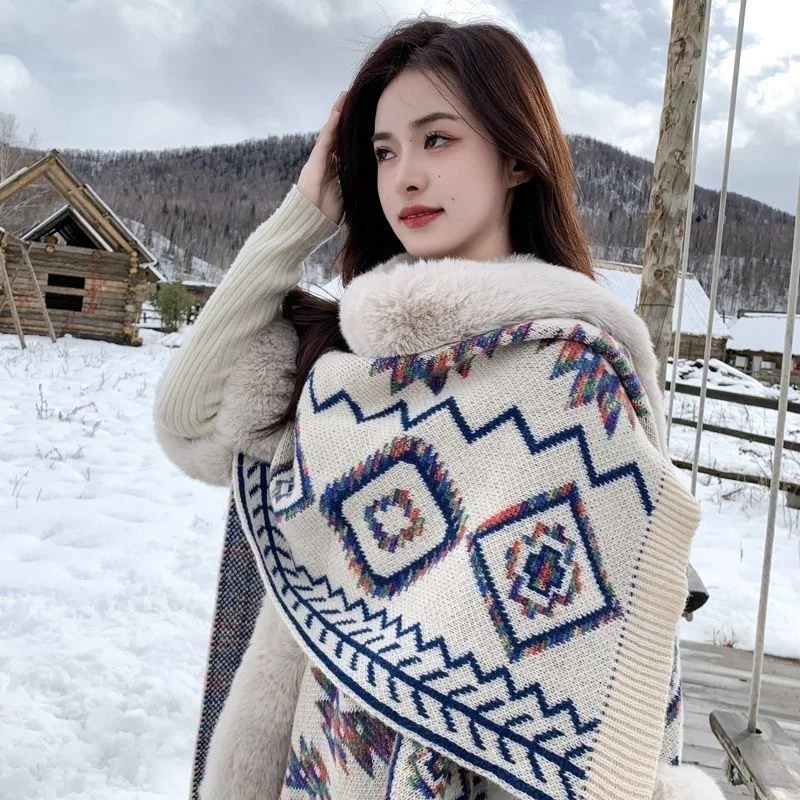 

Ethnic Style Poncho Jacket Women Casual Warm Cape Outwear Fall Winter Vintage Femme Jacquard Knitted Shawls and Wraps Cloak Coat