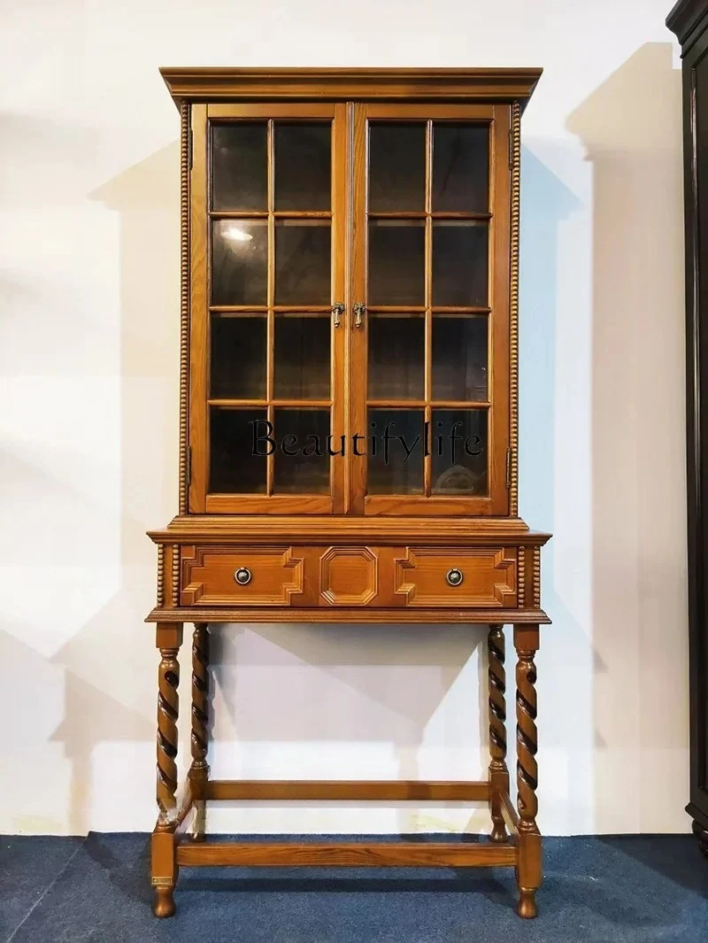 

S French Style Antique Solid Wood Retro Double-Door Bookcase American Living Room Locker Bowl Dish Display Cabinet
