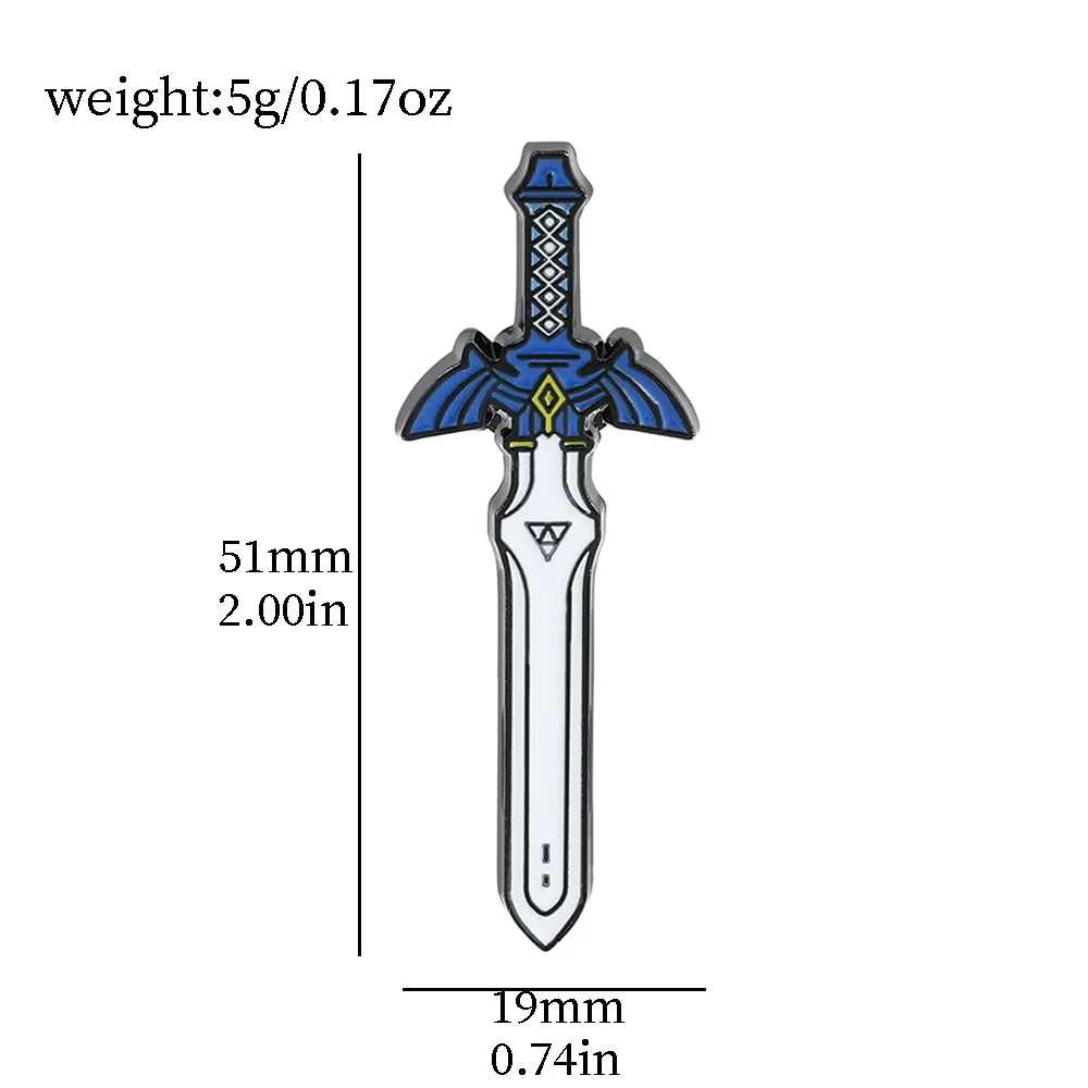 5.1×1.9CM Metal Video Game Master Sword Blue White Mini Brooches Exquisite Black Lines Fashion Jewelry Colorful Art Accessories