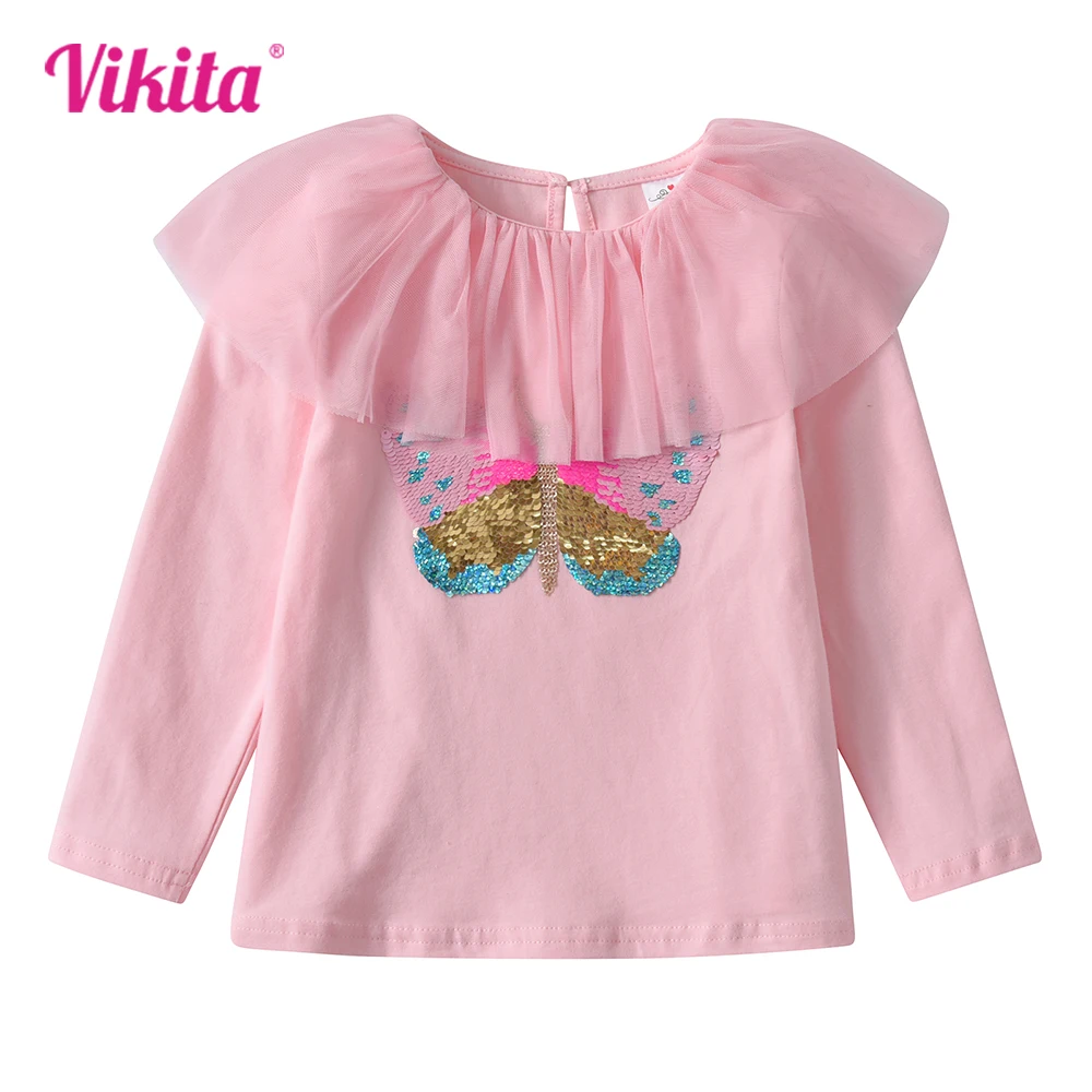 

VIKITA Girls Butterfly Sequined Appliqued Pink Princess Tees Kids Cotton Casual Daily Striped Long Sleeve O Neck Tops and Tees