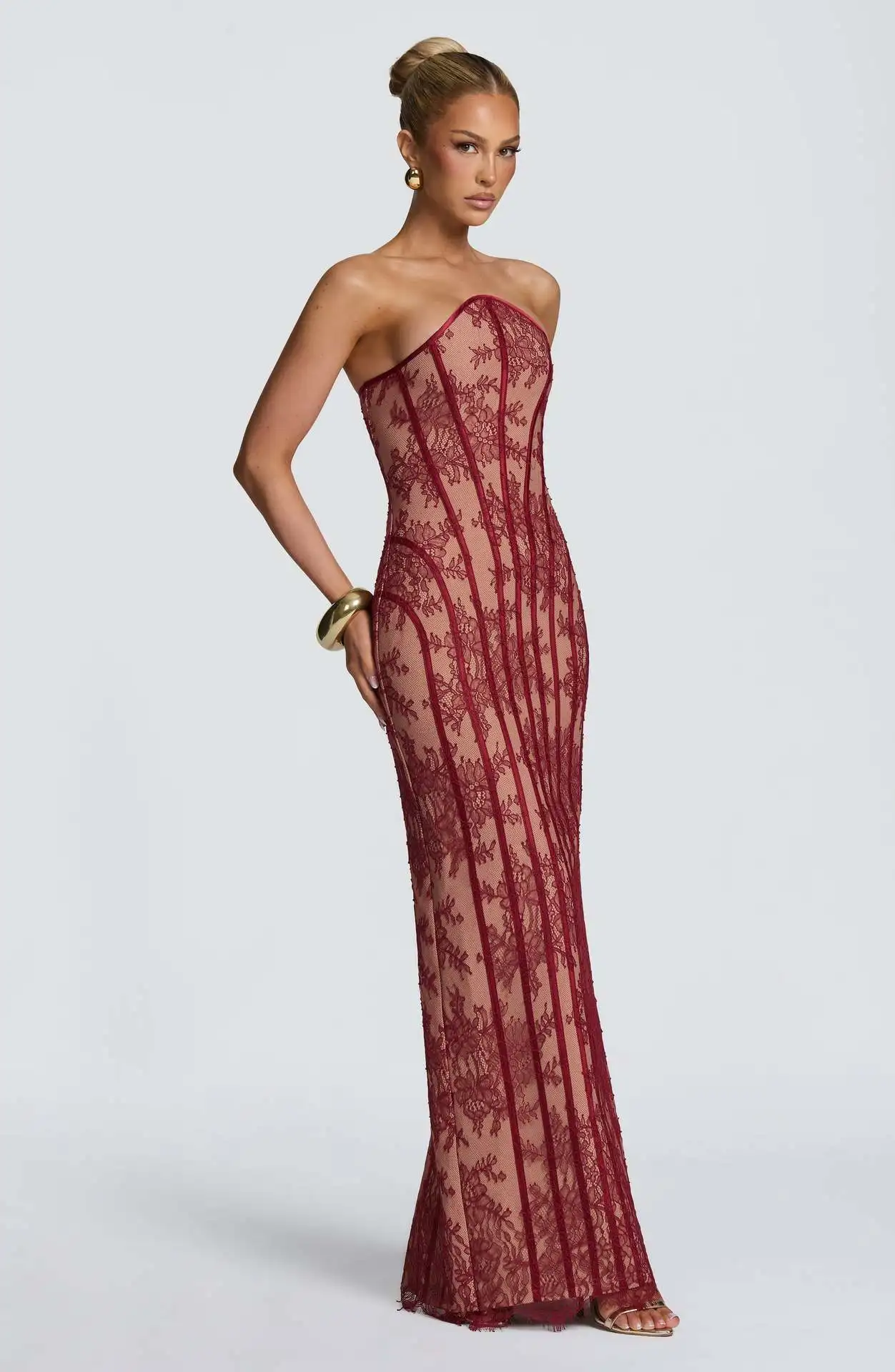 Women Strapless Lace Corset Evening Dress Boned Column Long Gown Lace‑Up Back Sheer Formal Party Maxi Dress