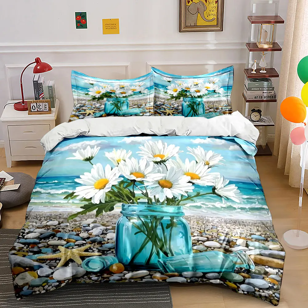Seaside Glass Jar with Daisies Print Bedding Set 1 Duvet Cover 2 Pillowcases for Adult and Children Luxury Gift Full Size
