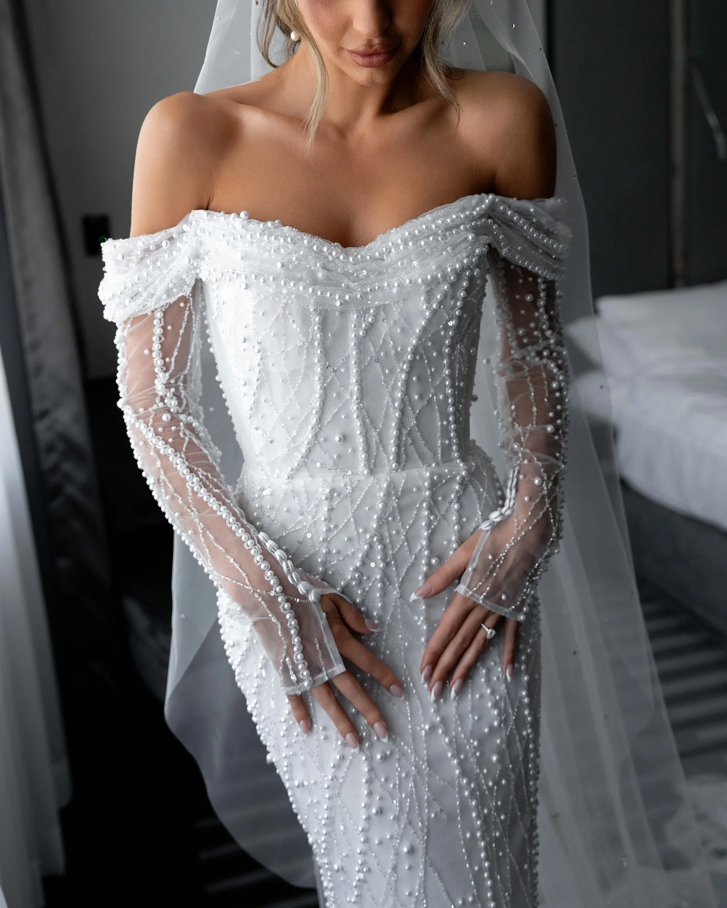 Abiti da sposa per la sposa Lusso Vestido De Noiva Sereia Novia Manga Larga Blanco Abiti Curvy al largo della spalla Novias Mariage