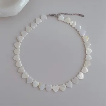 Minar 2024 New Arrival White Color Love Heart Shell Beaded Necklace for Women Mujer Silver Plated Chain Chokers Beach Pendientes