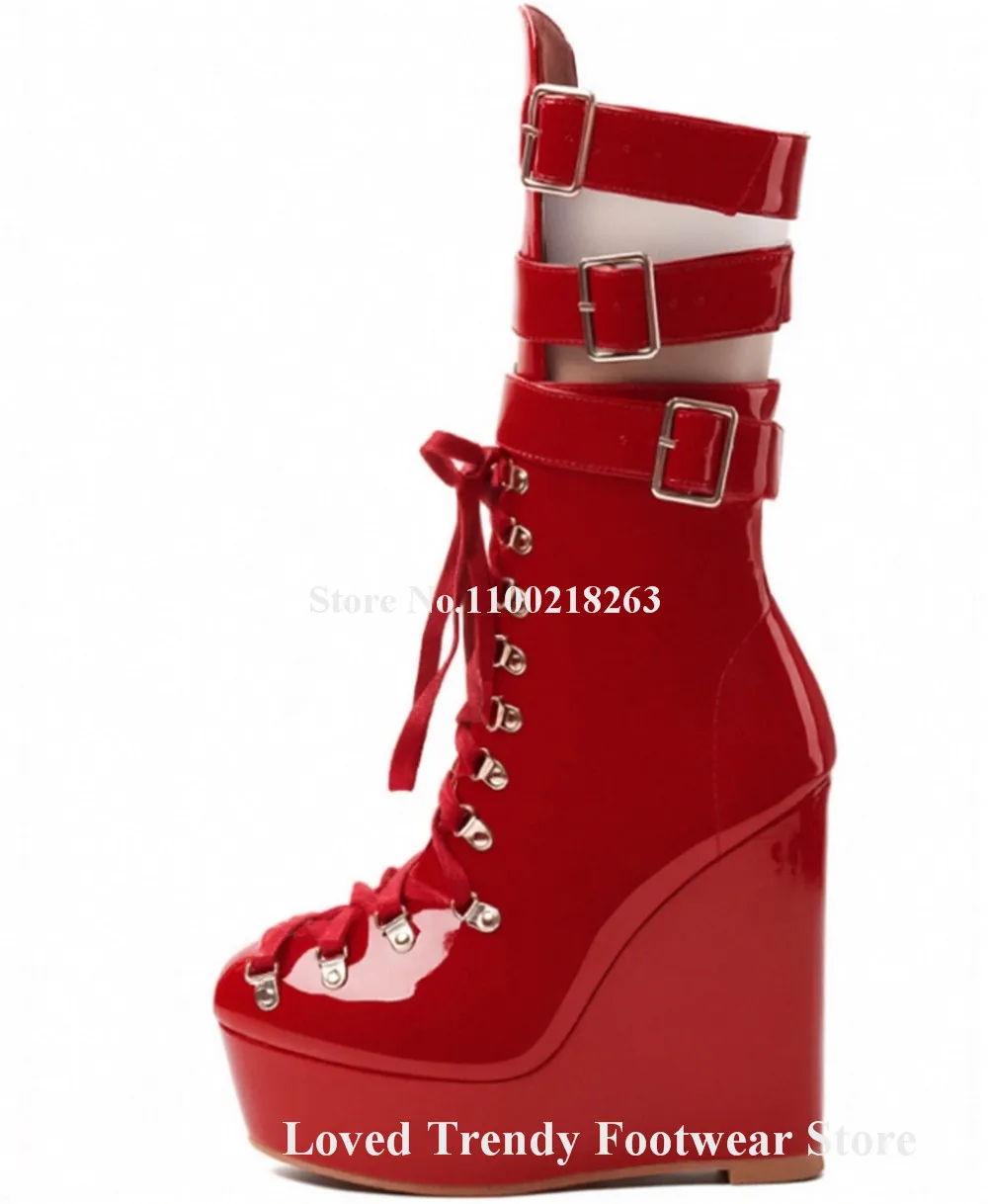 Emeline Dubois Shining Red White Yellow Patent Leather Wedge Heel Short Boots Round Toe Lace-up Buckles Platform Wedge Boots