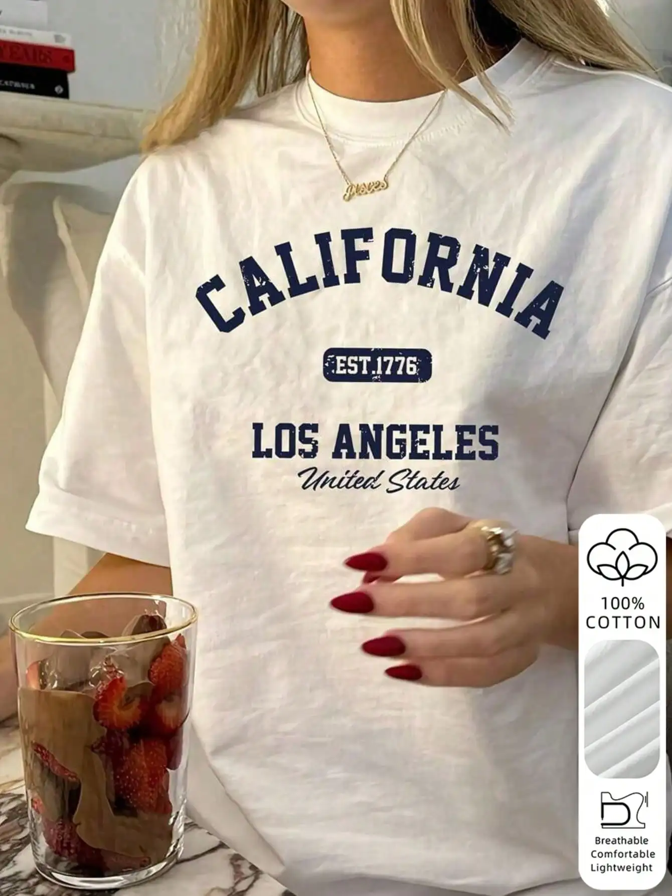 2026 Summer New Women's Los Angeles Letter Print Cotton Loose Short Sleeve T-Shirt, Casual Versatile Top