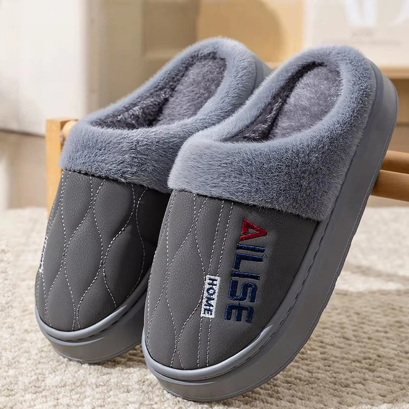 Winter Big Size Slippers For Men Waterproof Thick Sole Plush Lined Non Slip Outdoor Wear Fleece Fuzzy Warm House Shoes Cozy Home