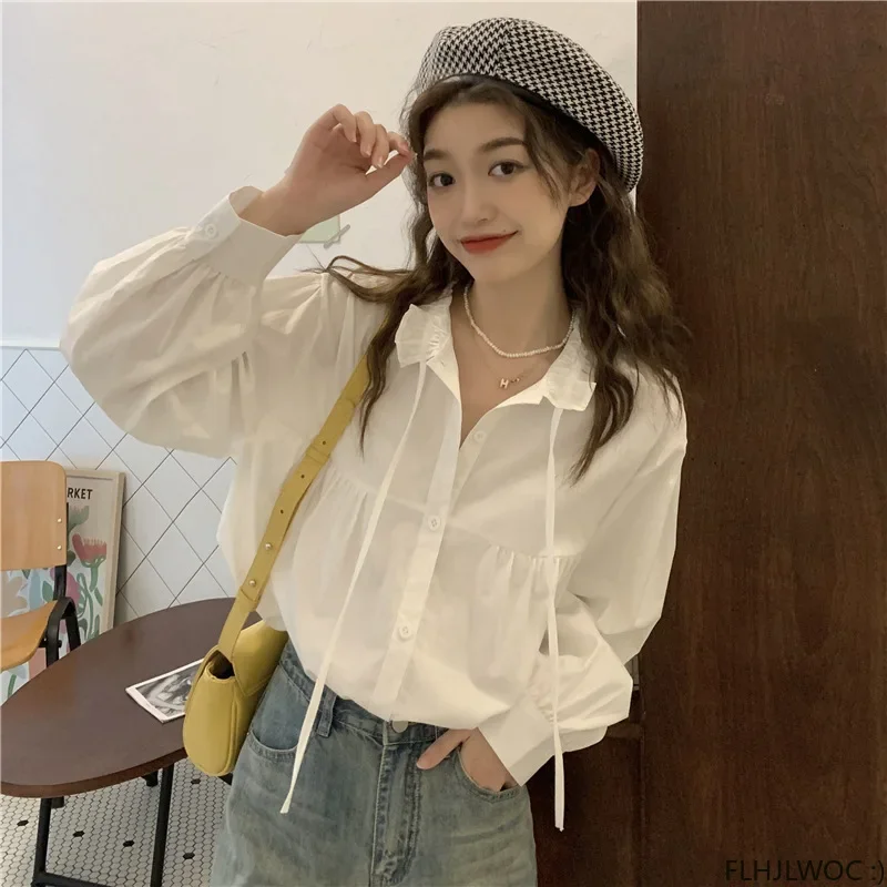 Spring Cotton Blend Bow Tie Tops Women Korean  Design Long Sleeve Girls Solid Retro Cute Ribbon Sweet Basic White Shirts Blouses