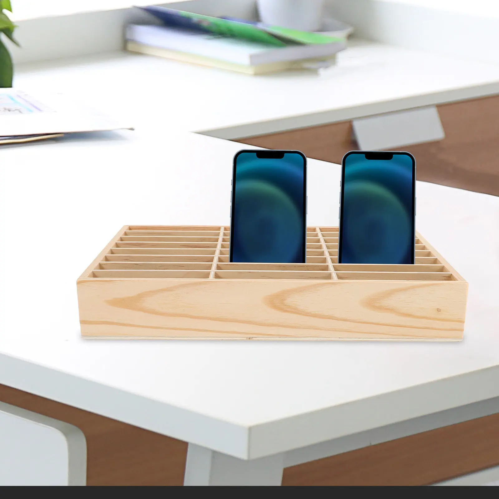 Premium Wood Phone Storage Container Desktop Organizer for Mobile Devices Cards Pens Small Essentials Home Office School Decor
