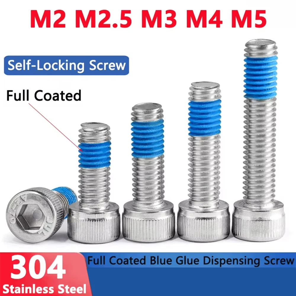 M2 M2.5 M3 M4 M5 304 Stianless Steel Allen Hexagon Hex Socket Head Cap Bolt Full Coated Blue Glue Dispensing Screw