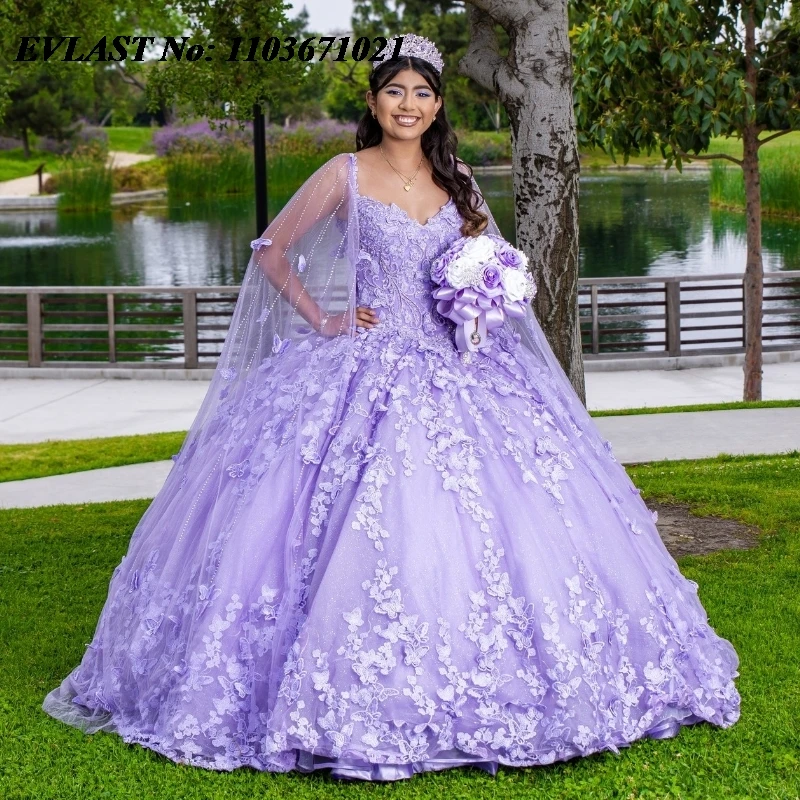 

EVLAST Customized Lavender Quinceanera Dress Ball Gown Butterfly Applique Beaded With Cape Sweet 16 Vestidos De 15 Anos SQ566