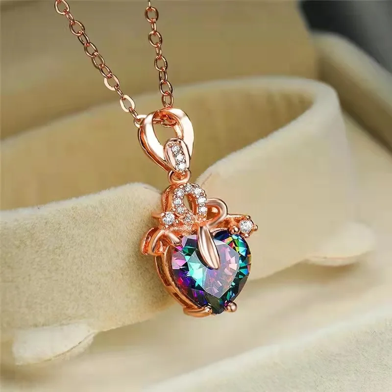 Fashion Income Female Heart Shaped Multicolor Pendant Necklace Charm Crystal Gorgeous Gift Anniversary Birthday Wedding Jewelry