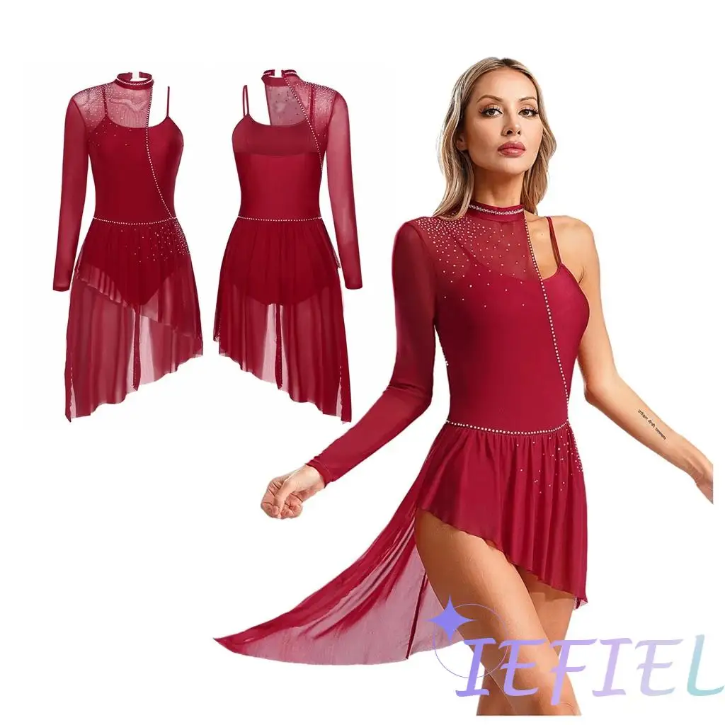 

Women Lyrical Dance Ballet Performance Costume Contemporary Modern Dancewear Gymnastics Figure Skating Chiffon Splice Dress