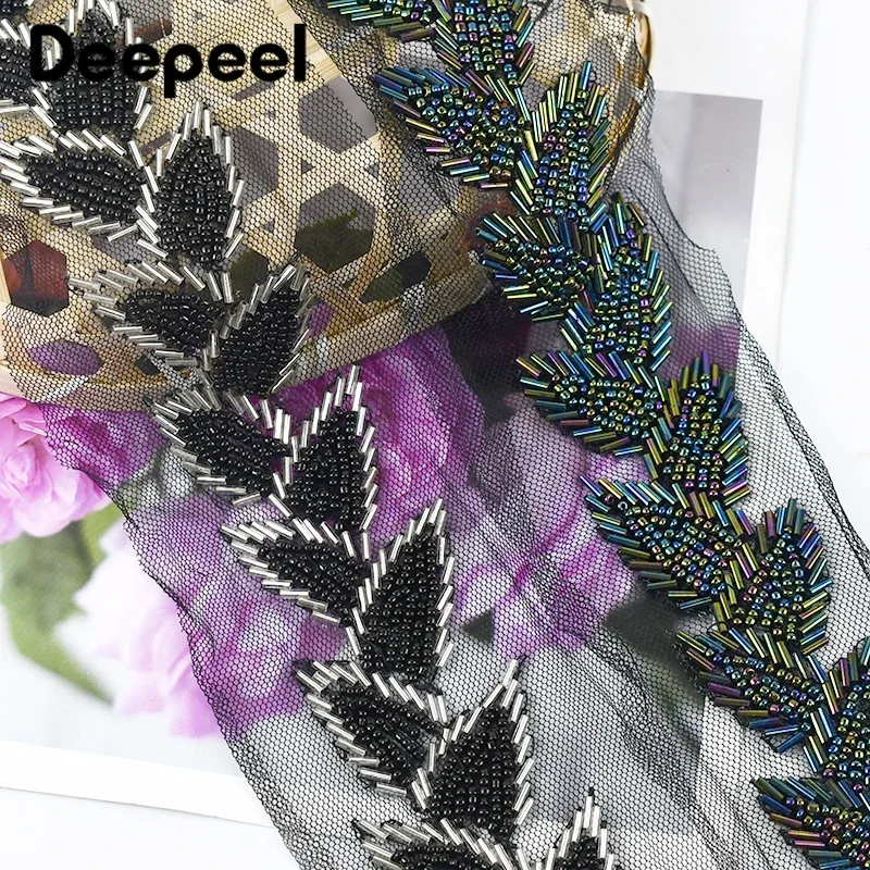 1/2Yards Deepeel 6cm Mesh Pearl Lace Trim Wedding Party Dress Decorative Leaf Braid Fringe Fabric Ribbon DIY Laces for Crafts