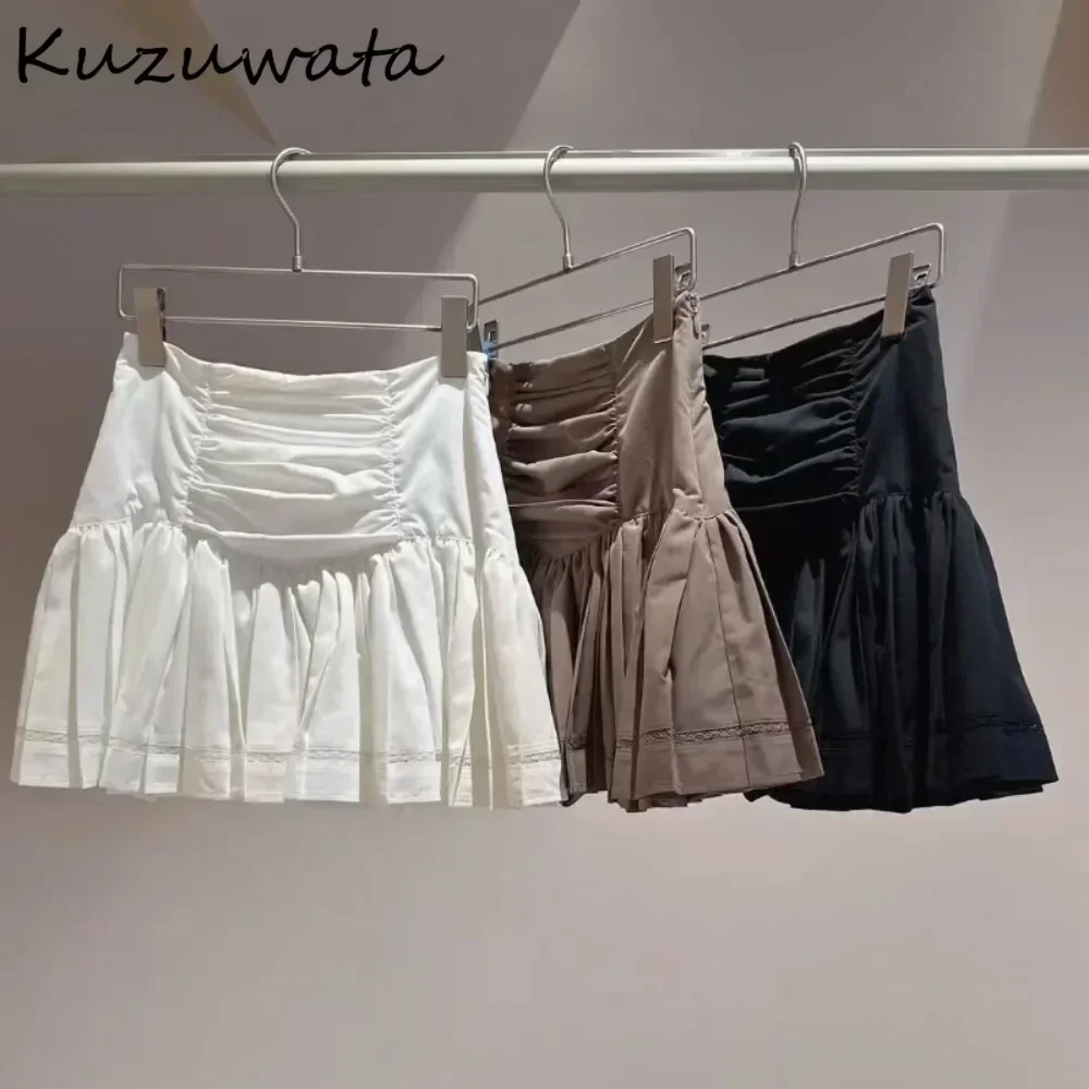 Kuzuwata A-line Elegant Commuter Preppy New Skirt Ruched All-match High Waist Pleated Short Japan Sweet Slim Waist Ballet Falda