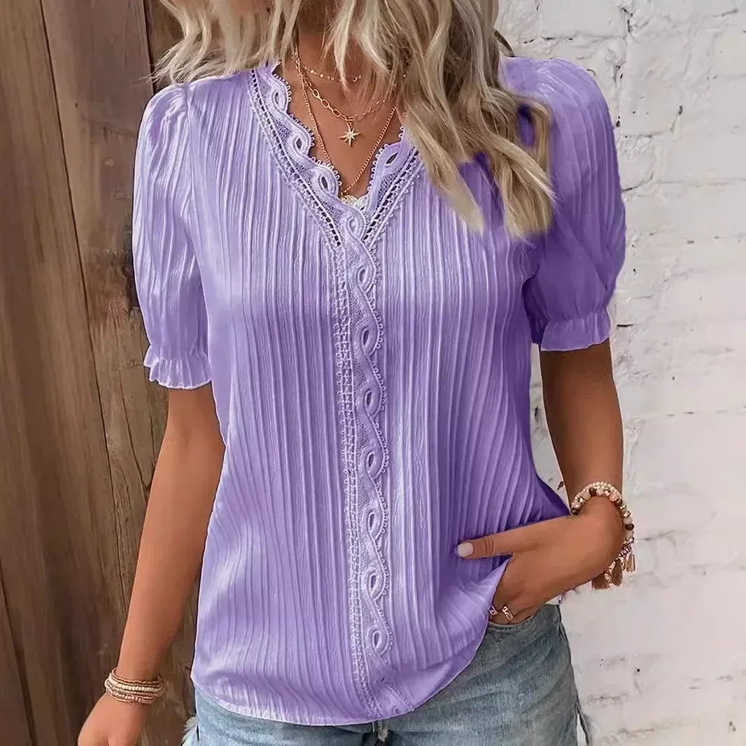 Women's V Neck Lace Hollow Out Blouse 2026 Puff Short Sleeve Pleated Loose Casual Summer Shirt
