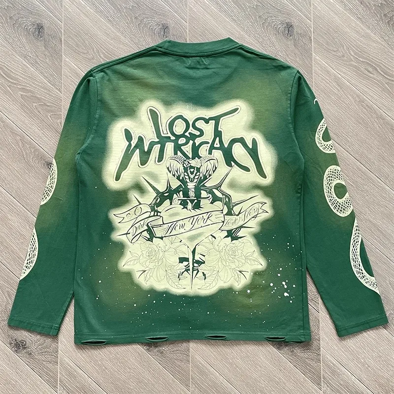 

Green Long Sleeve Lost Intricacy Embroidery Rhinestone Foam Angel T Shirt Men Women Vintage Washed Loose Streetwear T-shirt Tops