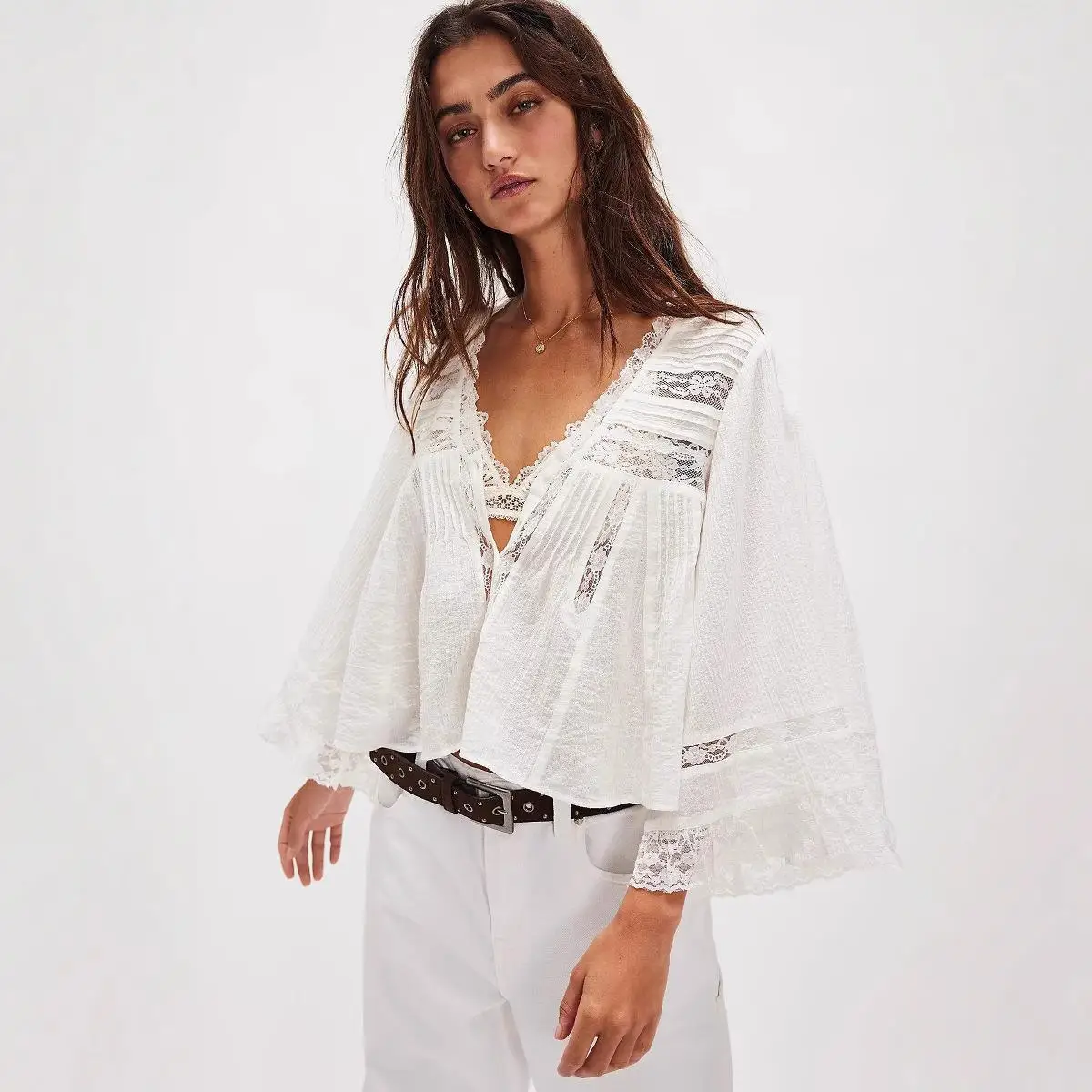 Estate New Sle Allentato Lungo Sve Patchwork di pizzo da donna irt V-Ne Ele Top aderente per ragazze Design Faion