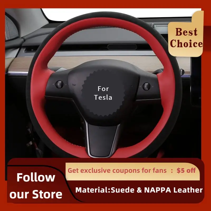 Hand-stitched Steering Wheel Cover Antibacterial Turn Fur NAPPA Leather Anti-slip Anti-sweat For Tesla Model 3/X/Y/S 2022-2023