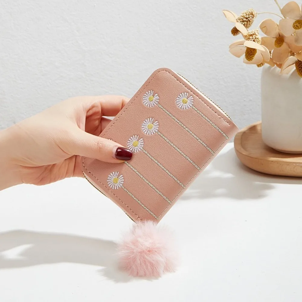 PU Leather Short Wallet New Zipper Plush Ball Coin Purse Mini Women Wallets Ladies image 2