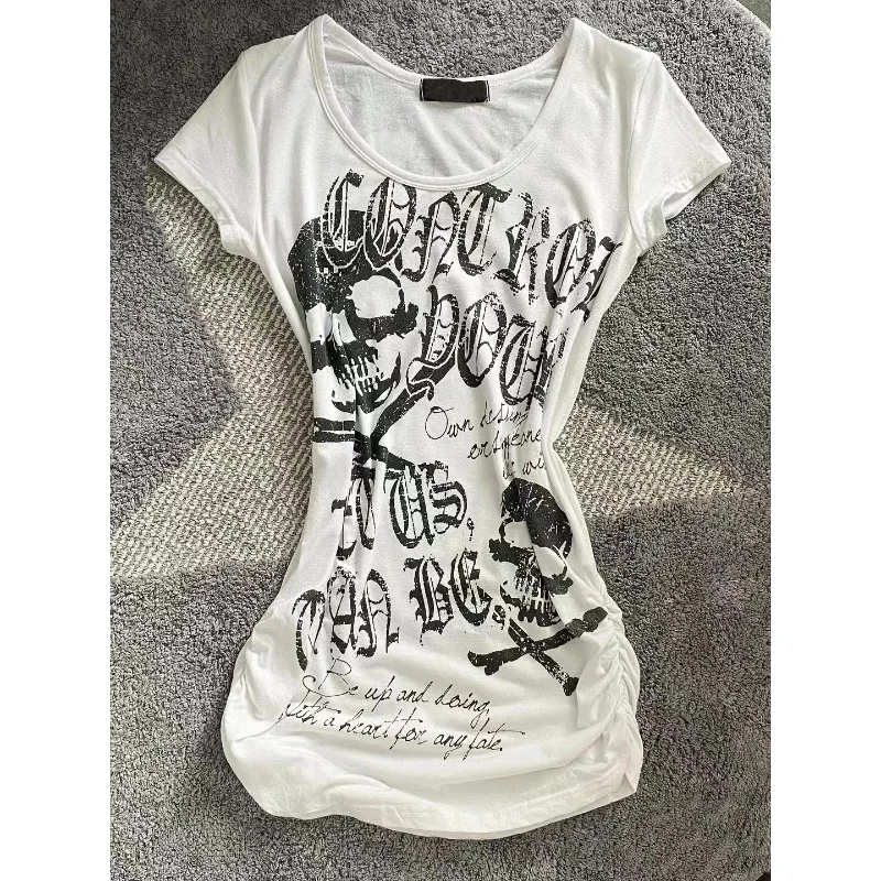 Vintage Skeleton Letter Print T Shirt American Retro SubCulture Punk Slim T-shirt Top Trend Women Gothic Grunge White Tees