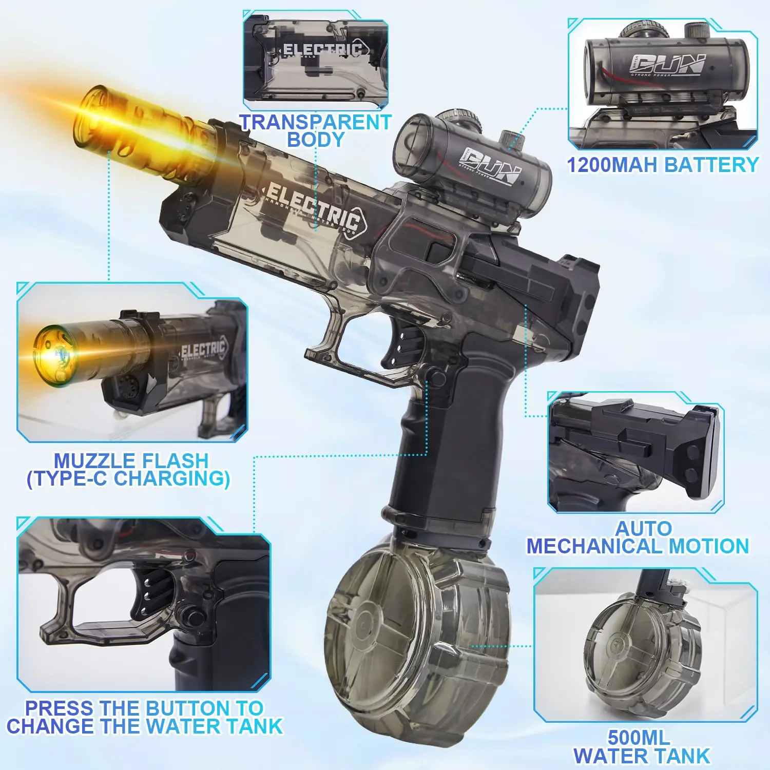 

Automatic Water Gun Toys With Light 2-in1 Manual&Electric Water Pistol Spray Blaster Beach Pool Toy for Kids Boys Adult Gifts