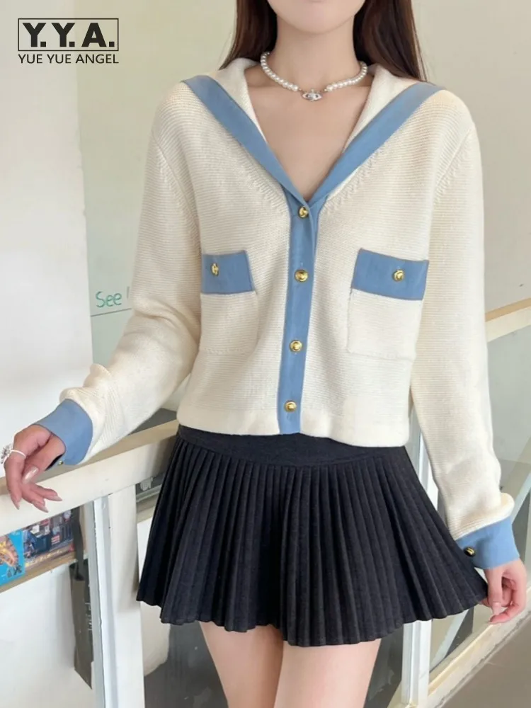 

French Style Women Elegant Knitted Tops Autumn Long Sleeve Single Breasted Cardigan Sweater Casual Lady Patchwork Knitwear Coat