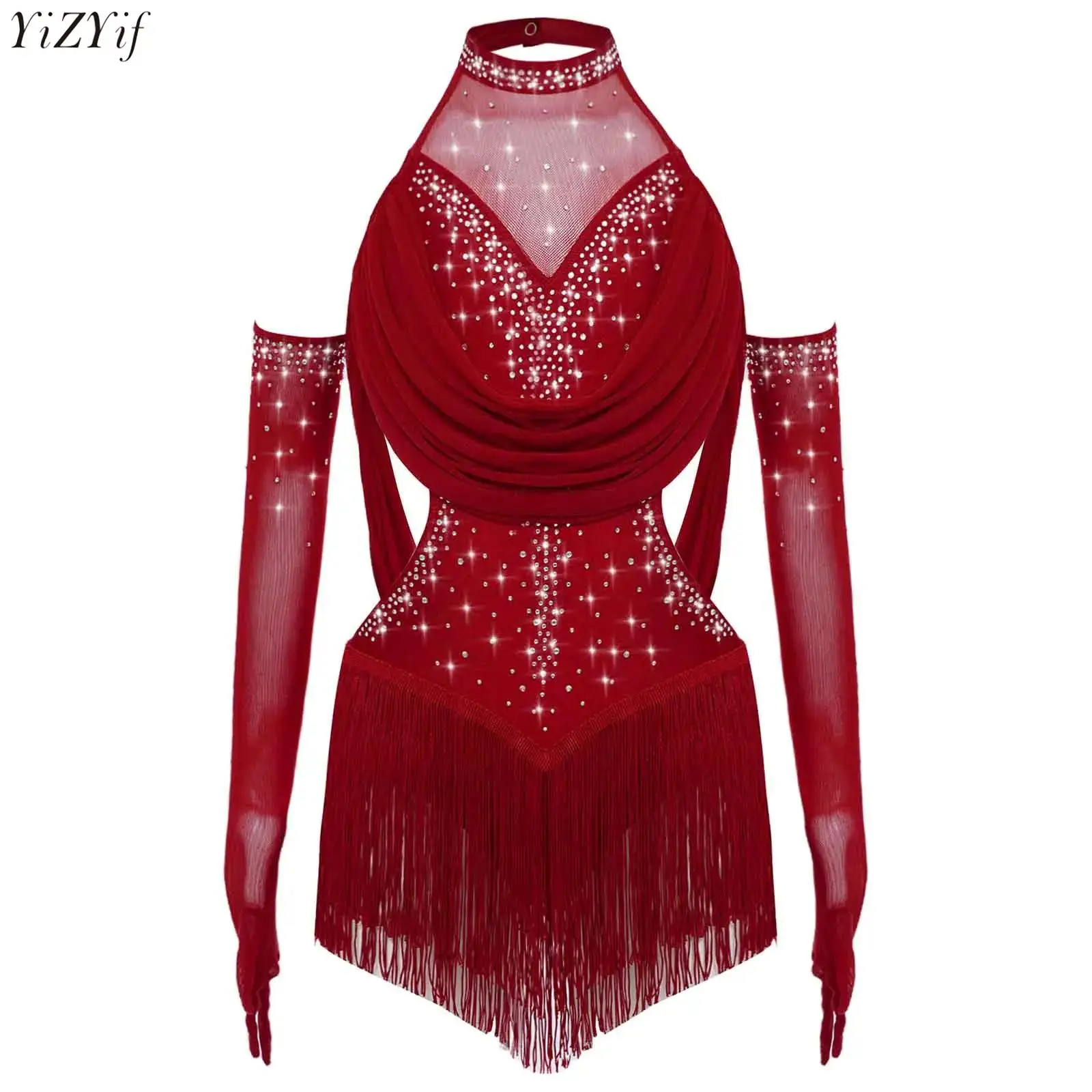 

Kids Girls Tassel Latin Dance Skirted Leotard Glittery Rhinestones Ruched Mesh Cutout Bodysuit+Mesh Gloves Suit Jazz Dance Dress