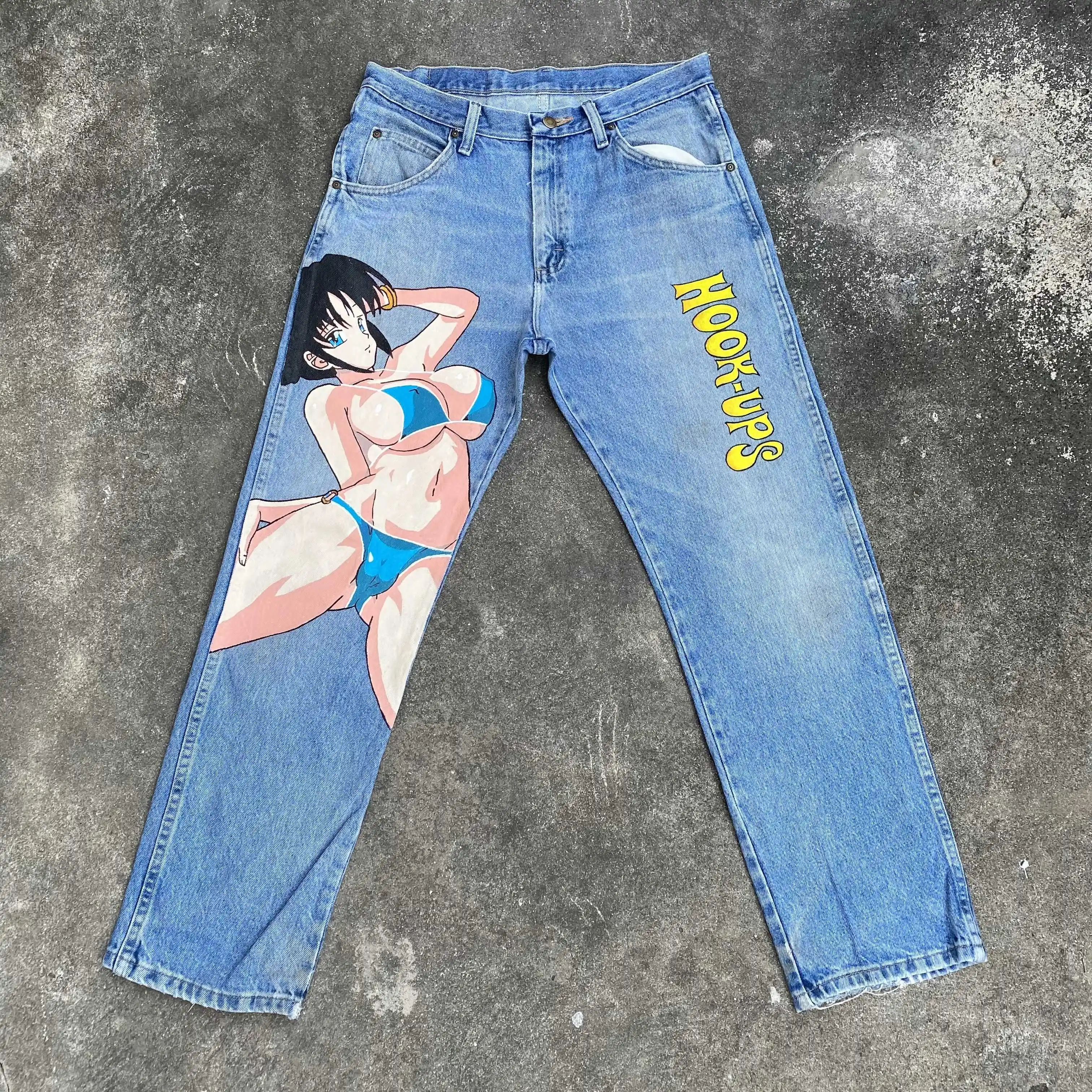 Harajuku Wide Trouser New Anime Graphic wide leg jean Streetwear Y2K denim mens Jeans Style Couples High Waist Pants