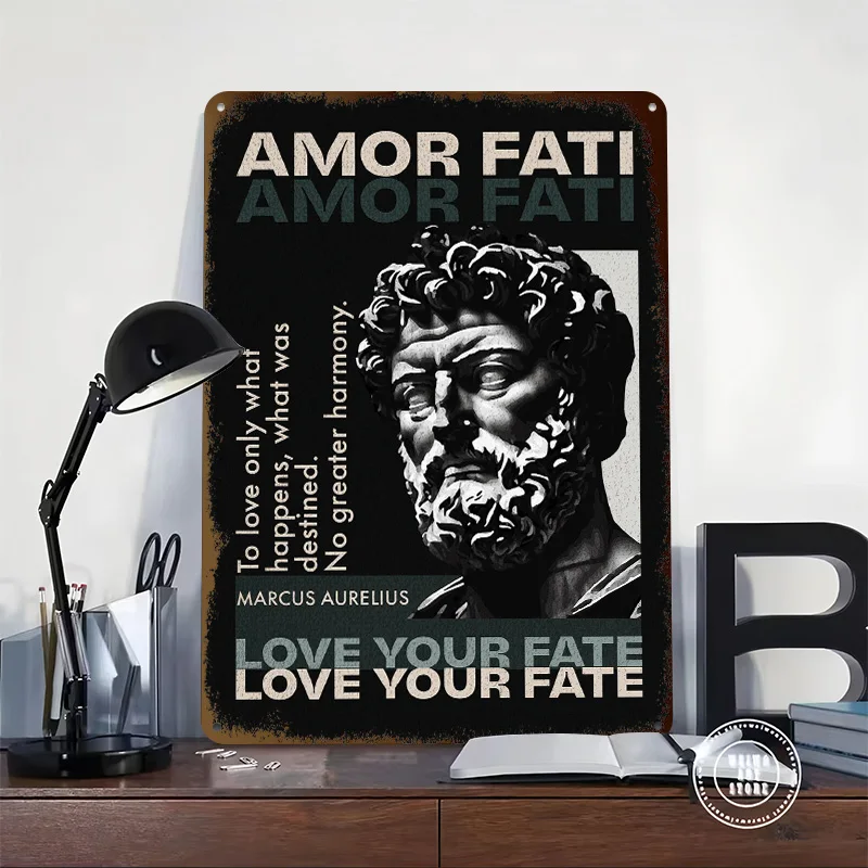 Amor Fati Marcus Aurelius 3D Texture Printed Poster Custom Vintage Metal Tin Plate Sign for Wall Art Modern Home Decoration Room
