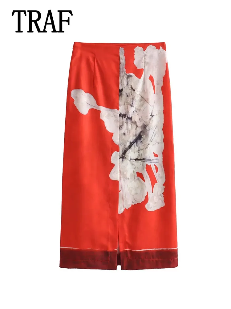 Traf Vrouwen Print Lange Rok 2024 Lente Zomer Vrouwen Print Mid-Taille Split Rits A-Lijn Rok Vrouwelijke Print Potlood Midi Rokken