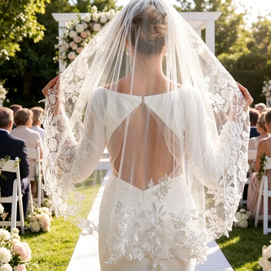 

Customized White Ivory Short Wedding Veils Bride wedding accessories velo de novia Bridal veil Lace appliques vestido de novia