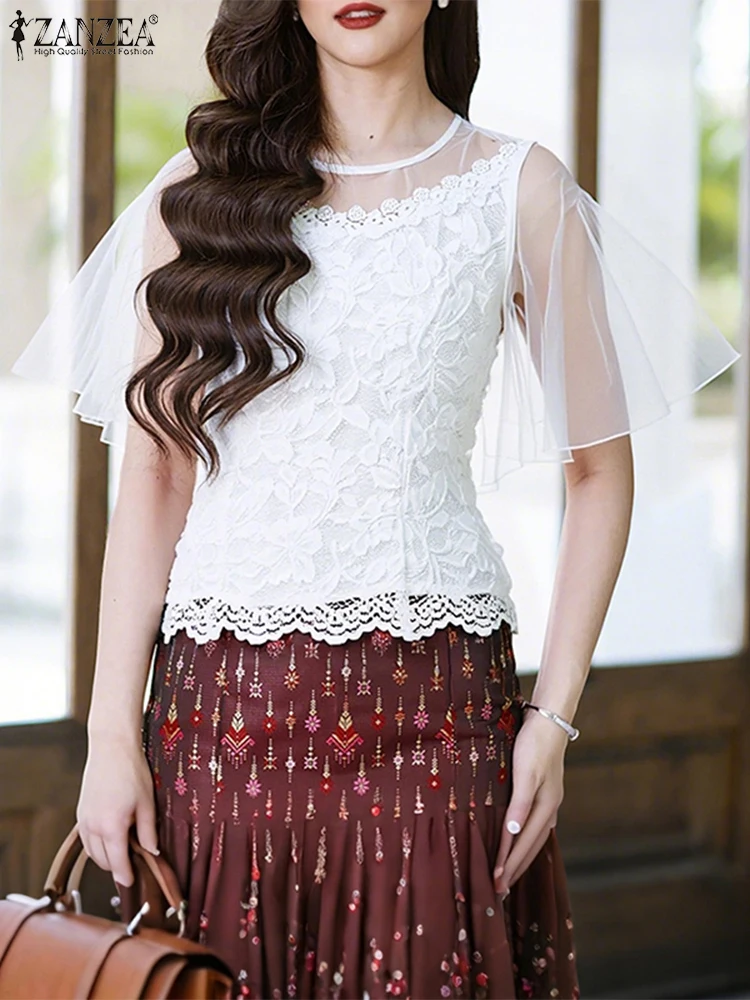 

ZANZEA, элегантные офисные женские блузки, 2021, женская мода, кружевные рубашки с короткими расклешенными рукавами, прозрачная сетчатая лоскутная туника, топ Blusas