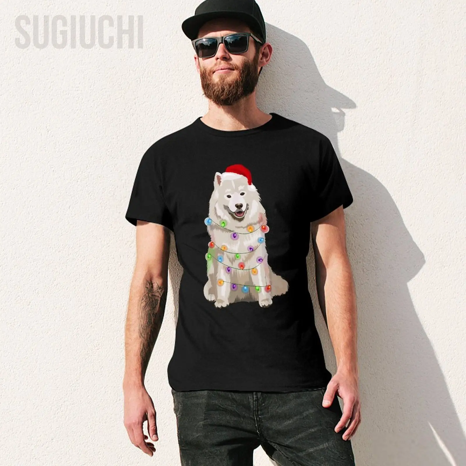 Unisex Men Samoyed Christmas Lights Xmas Dog Lover Santa Hat Tshirt Tees T Shirts Women Boys 100% Cotton T-Shirt