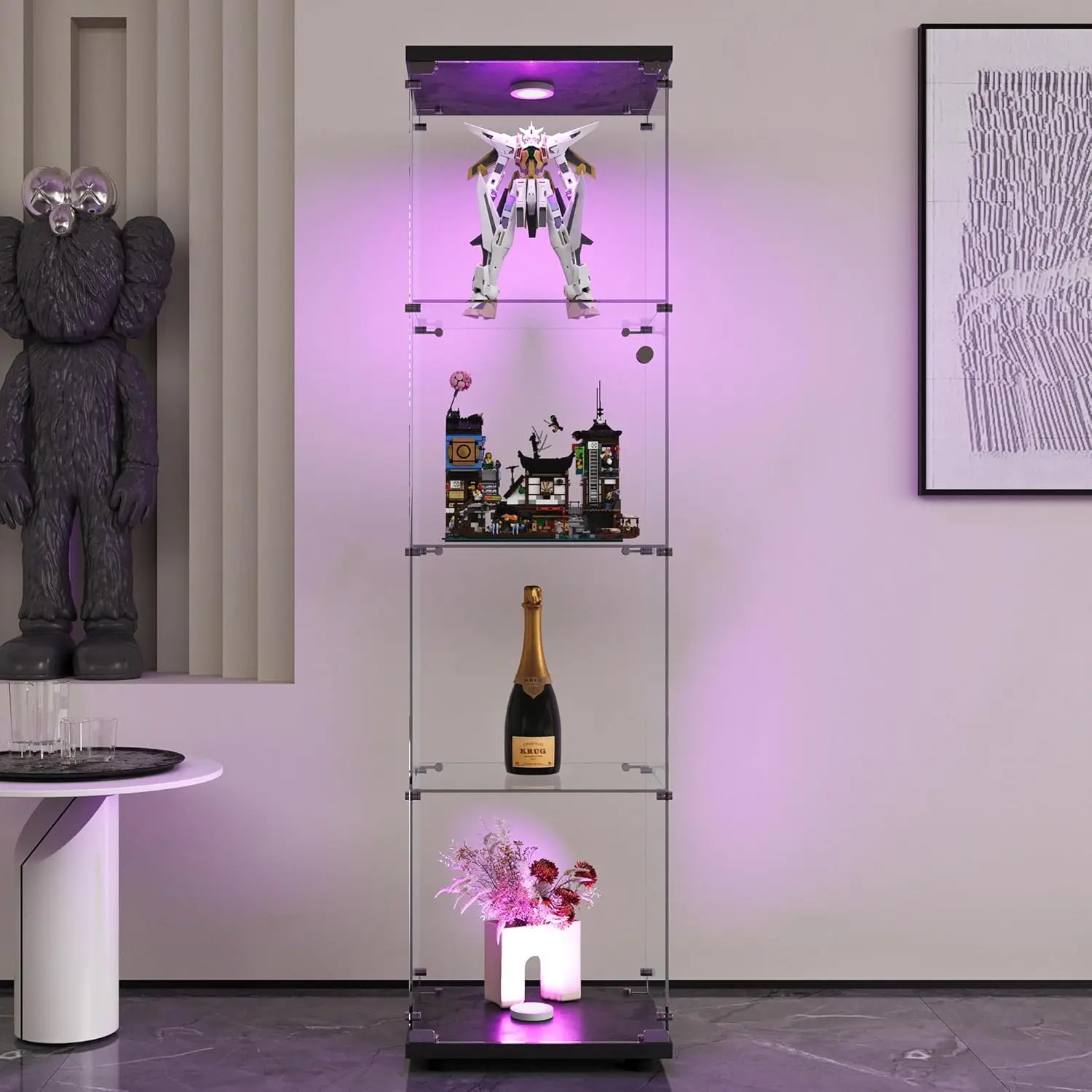 Vitrine en verre avec lumière LED, armoire de cuisson à 4 étagères de style à installation rapide, bibliothèque en verre du Guatemala de 5mm pour le salon