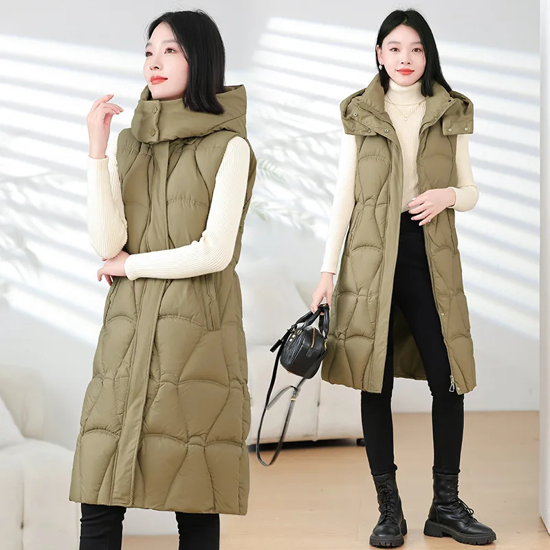 Long Parkas Women Thick Zipper Vest Coats Sleeveless Jacket Hoodies Solid Pocket Jackets Vests Elegant Warm Autumn Winter