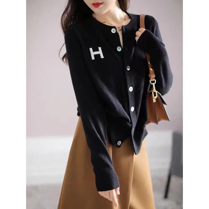 Women Clothing Solid Letter Embroidery Short Knitwear Spring Daily Casual Simple Solid Loose Sweater Cardigan Comfortable Top