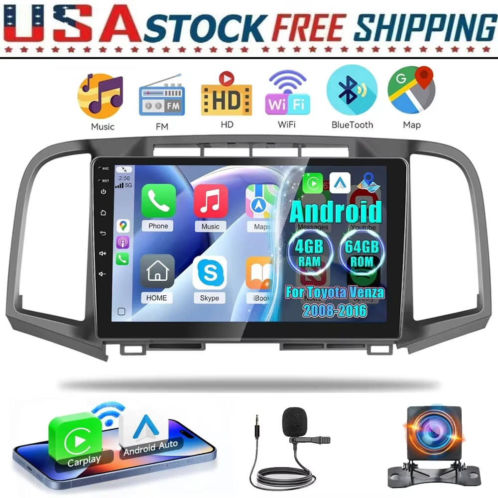 New 9 inch Android 13 4+64 Touch Car Radio Stereo GPS Navigation For Toyota Venza 2008-2016 Support Wireless Carplay GPS WiFi Bluetooth FM Voice Control SWC Backup Camera Car Video Player