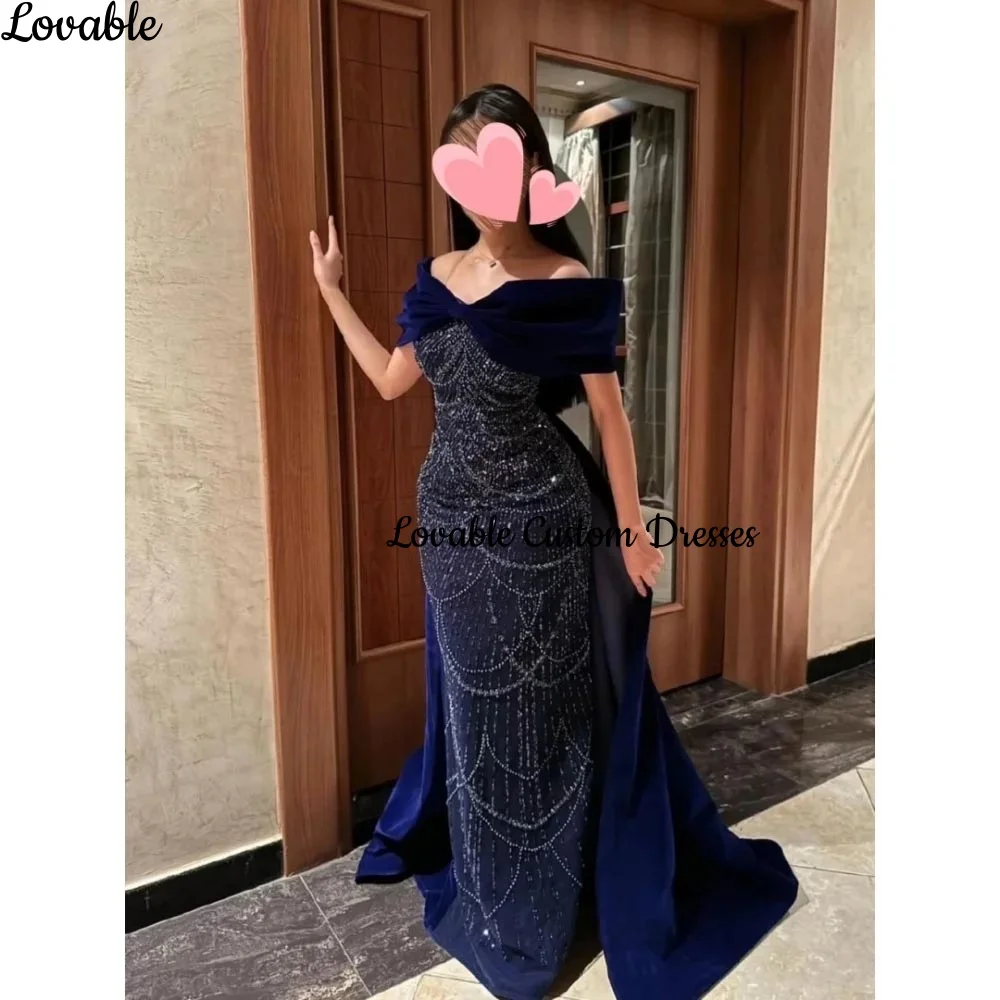 Customized فساتين سهرة Column Off-The-Shoulder Neckline Floor-Length Lace Luxury Evening Dresses Zipper Up Short Sleeves Dresses