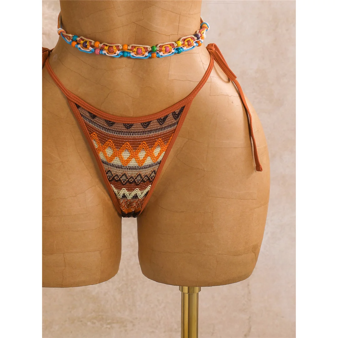 Bedruckter Bikini mit Sarong-Oberteil, Damen-Badeanzug, dreiteiliges Bikini-Set, gepolsterter Badeanzug, Badebekleidung, Modell V8332. – Detail 18