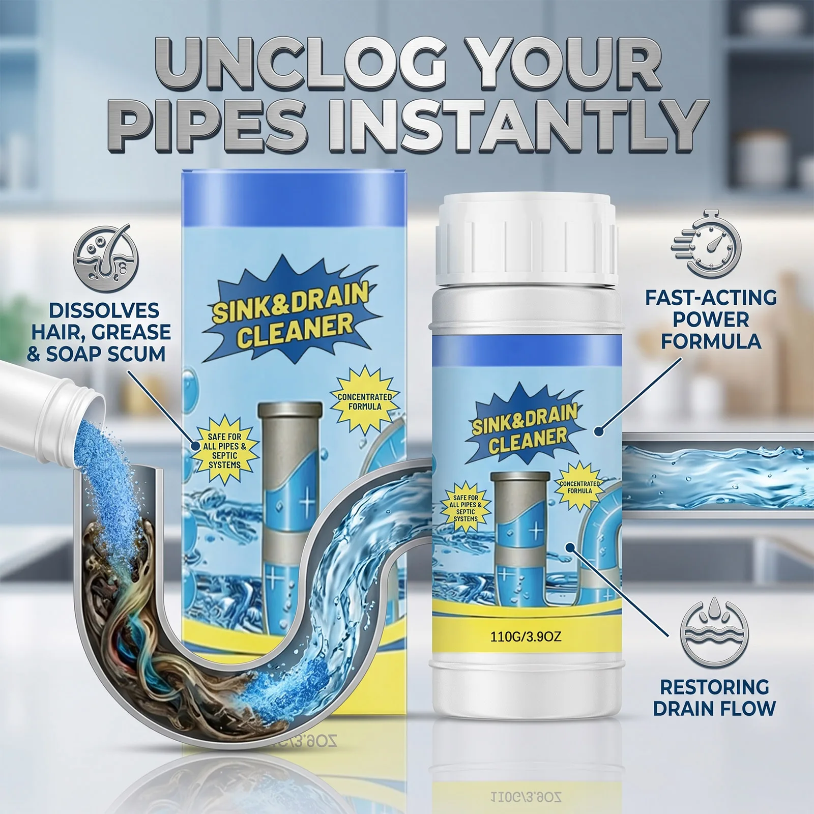 Pipe Drain Unblocker Cleaner Kitchen Grease Hair Clog Remover Deodorizing Powerful Liquid for Bathroom Toilet Multiple Pipes