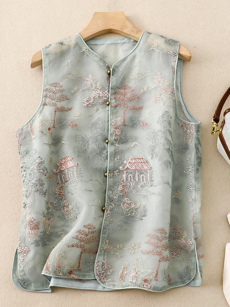 

Heavy Embroidery Women's Vest Spring Summer Sle New Chinese Nationa European Organza Svel Top round Ne Button D...