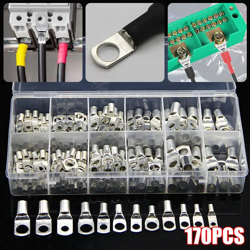 60/170Pcs Copper Cable Lugs Ring Terminals Kit SC6-SC25 Tinned Cable Lugs Battery Bare Cable Wire Connectors
