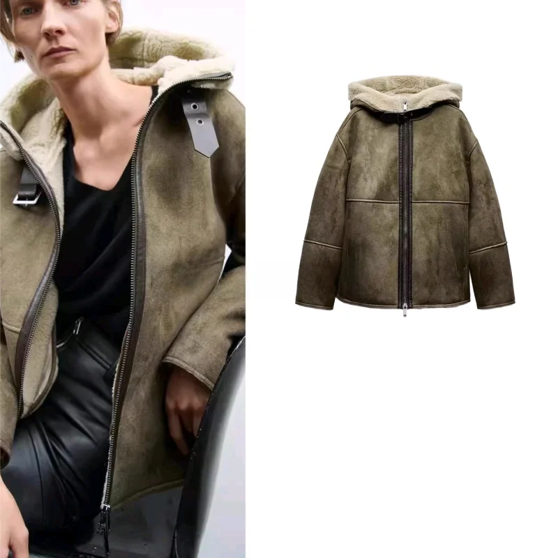 سترة شتوية نسائية بسيطة ذات وجهين من الفرو والجلد مع سحاب وغطاء رأس وأكمام طويلة، ملابس خارجية فضفاضة بغطاء رأس غير قابل للإز... #4